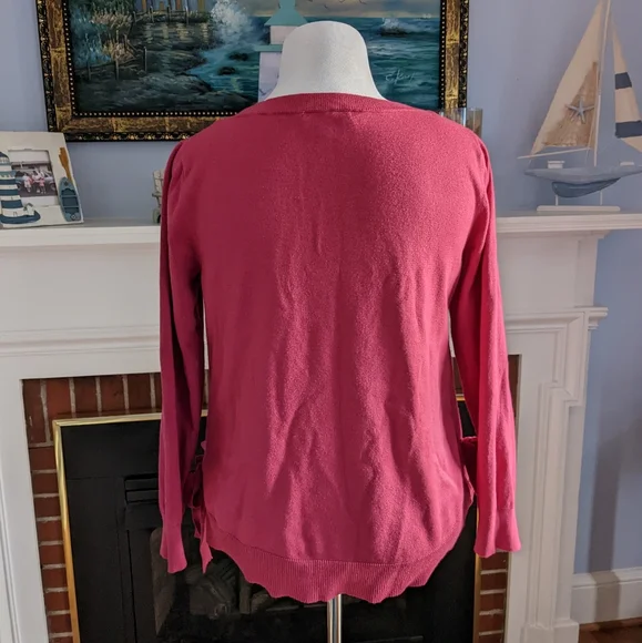 π EUC Cable & Gauge Rosy Pink Crew Neck Bow Sweater, Size XL - Picture 3 of 10